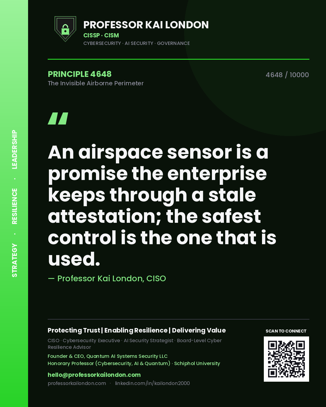 Quote card by Professor Kai London reading 'An airspace sensor is a promise the enterprise keeps through a stale attestation; the safest control is the one that is used.'. From the book The Invisible Airborne Perimeter.