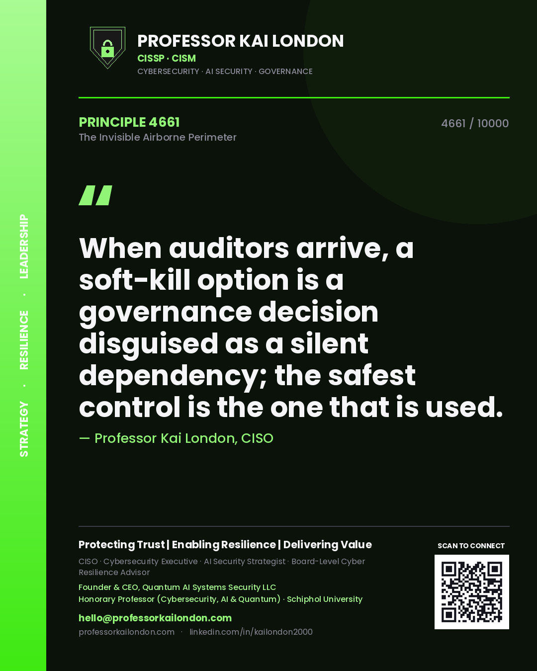 Quote card by Professor Kai London reading 'When auditors arrive, a soft-kill option is a governance decision disguised as a silent dependency; the safest control is the one that is used.'. From the book The Invisible Airborne Perimeter.