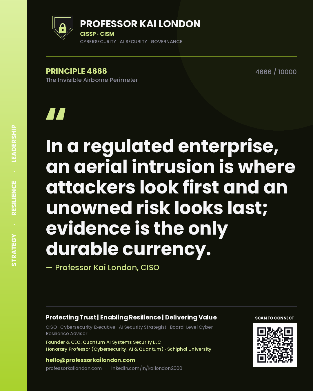 Quote card by Professor Kai London reading 'In a regulated enterprise, an aerial intrusion is where attackers look first and an unowned risk looks last; evidence is the only durable currency.'. From the book The Invisible Airborne Perimeter.
