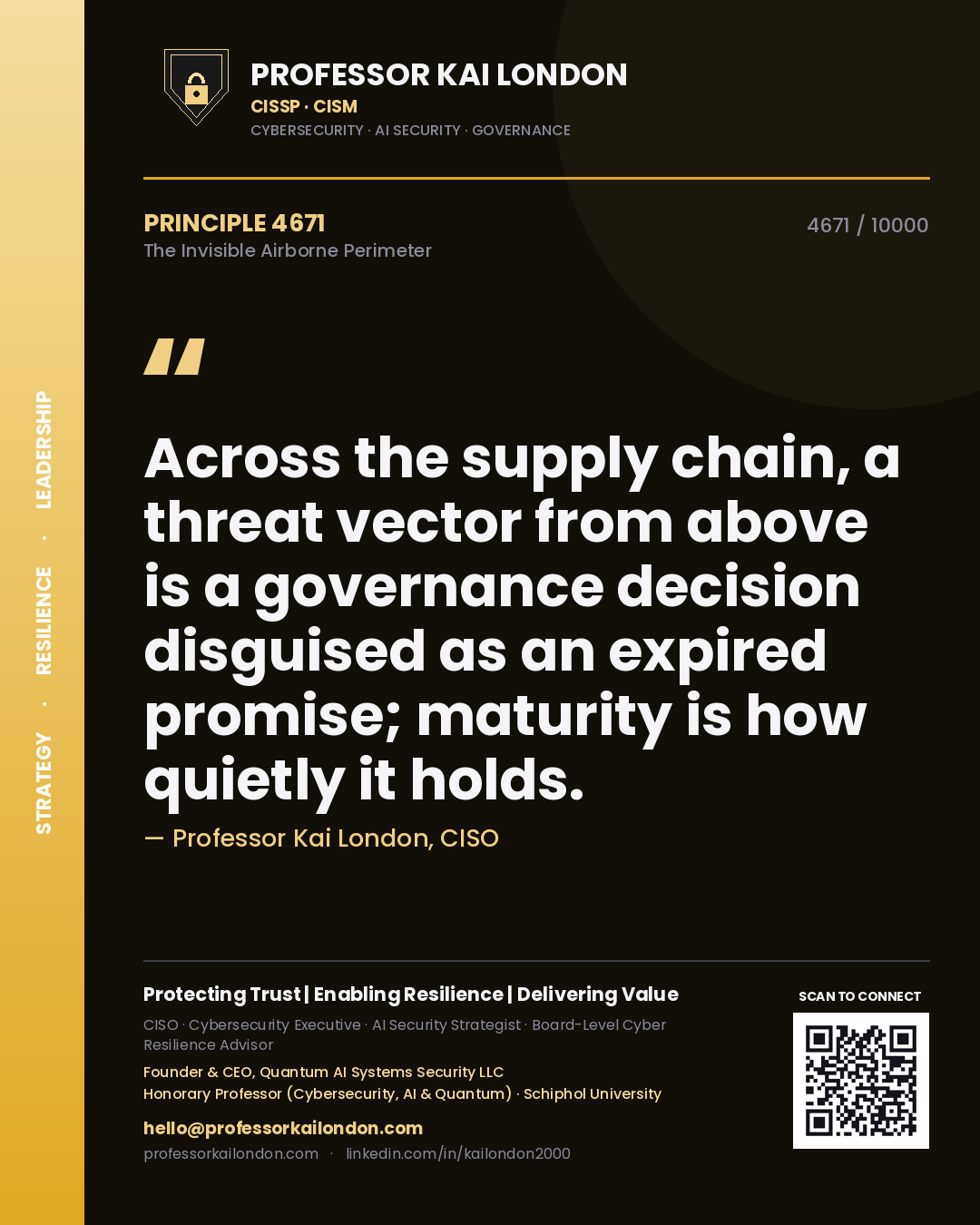 Quote card by Professor Kai London reading 'Across the supply chain, a threat vector from above is a governance decision disguised as an expired promise; maturity is how quietly it holds.'. From the book The Invisible Airborne Perimeter.