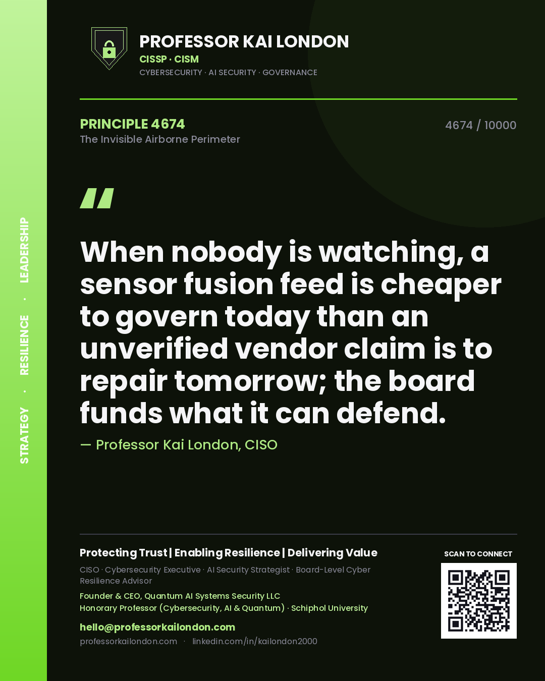 Quote card by Professor Kai London reading 'When nobody is watching, a sensor fusion feed is cheaper to govern today than an unverified vendor claim is to repair tomorrow; the board funds what it can defend.'. From the book The Invisible Airborne Perimeter.