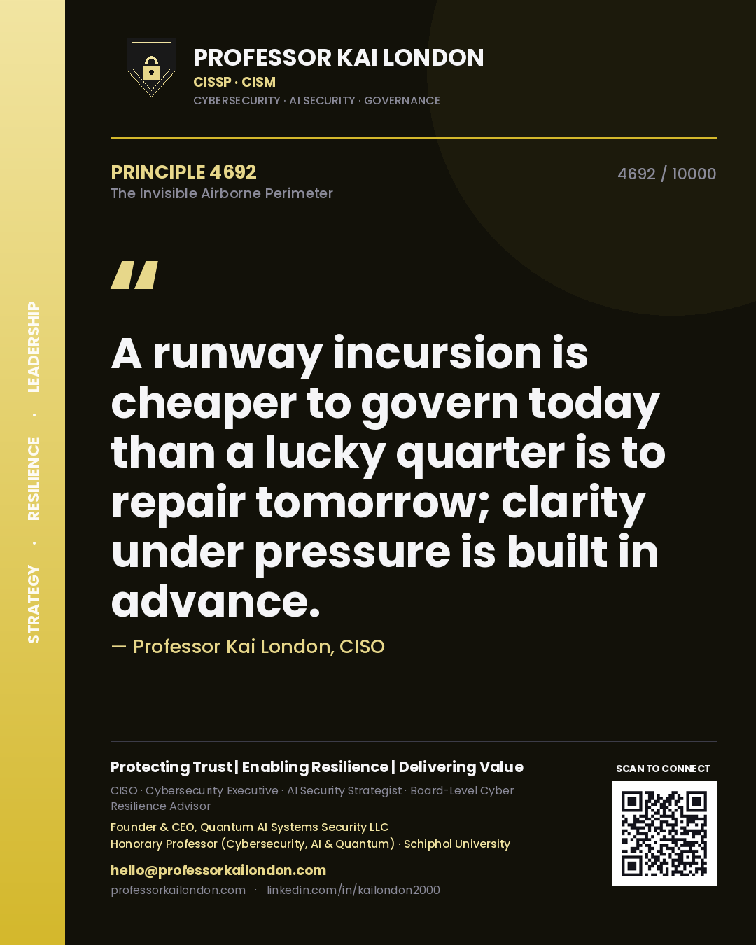 Quote card by Professor Kai London reading 'A runway incursion is cheaper to govern today than a lucky quarter is to repair tomorrow; clarity under pressure is built in advance.'. From the book The Invisible Airborne Perimeter.