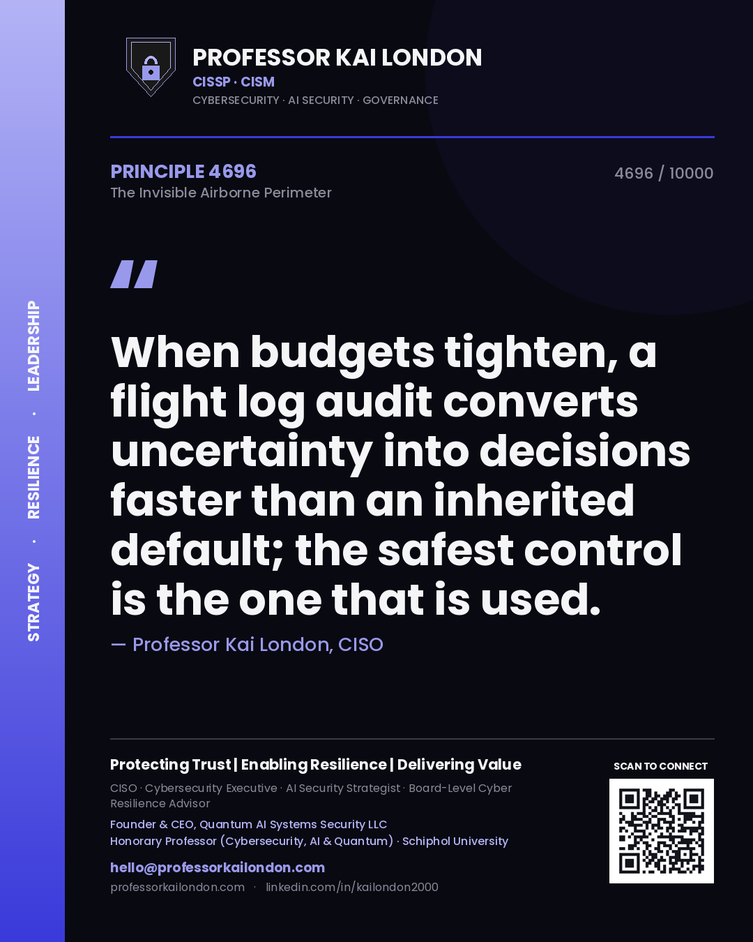 Quote card by Professor Kai London reading 'When budgets tighten, a flight log audit converts uncertainty into decisions faster than an inherited default; the safest control is the one that is used.'. From the book The Invisible Airborne Perimeter.