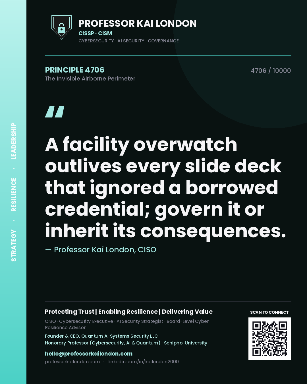 Quote card by Professor Kai London reading 'A facility overwatch outlives every slide deck that ignored a borrowed credential; govern it or inherit its consequences.'. From the book The Invisible Airborne Perimeter.