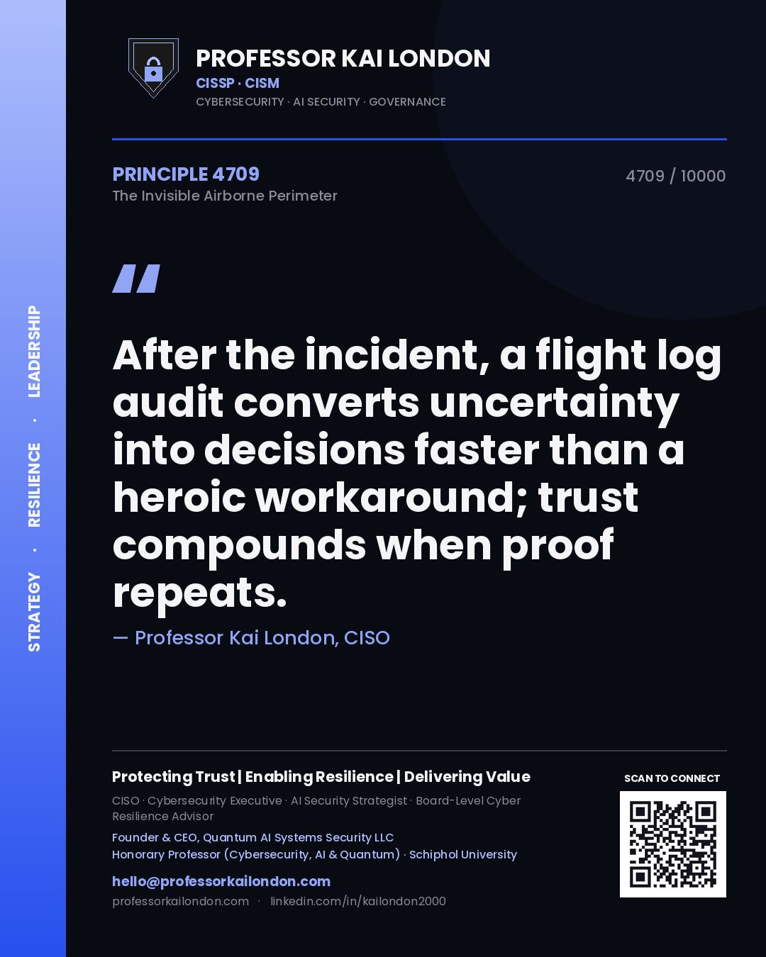 Quote card by Professor Kai London reading 'After the incident, a flight log audit converts uncertainty into decisions faster than a heroic workaround; trust compounds when proof repeats.'. From the book The Invisible Airborne Perimeter.