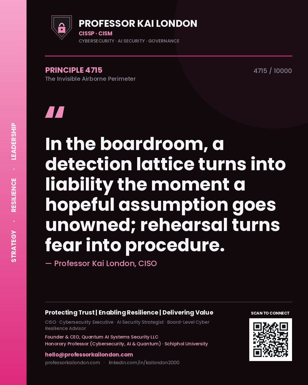 Professor Kai London principle 4715: In the boardroom, a detection lattice turns into liability the moment a hopeful assumption goes unowned; rehearsal turns fear into procedure.