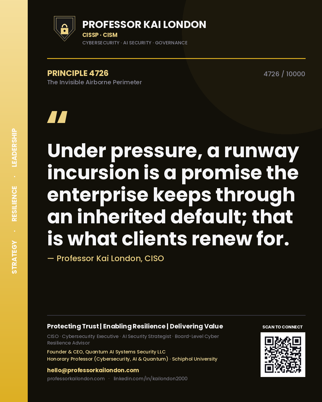 Professor Kai London principle 4726: Under pressure, a runway incursion is a promise the enterprise keeps through an inherited default; that is what clients renew for.