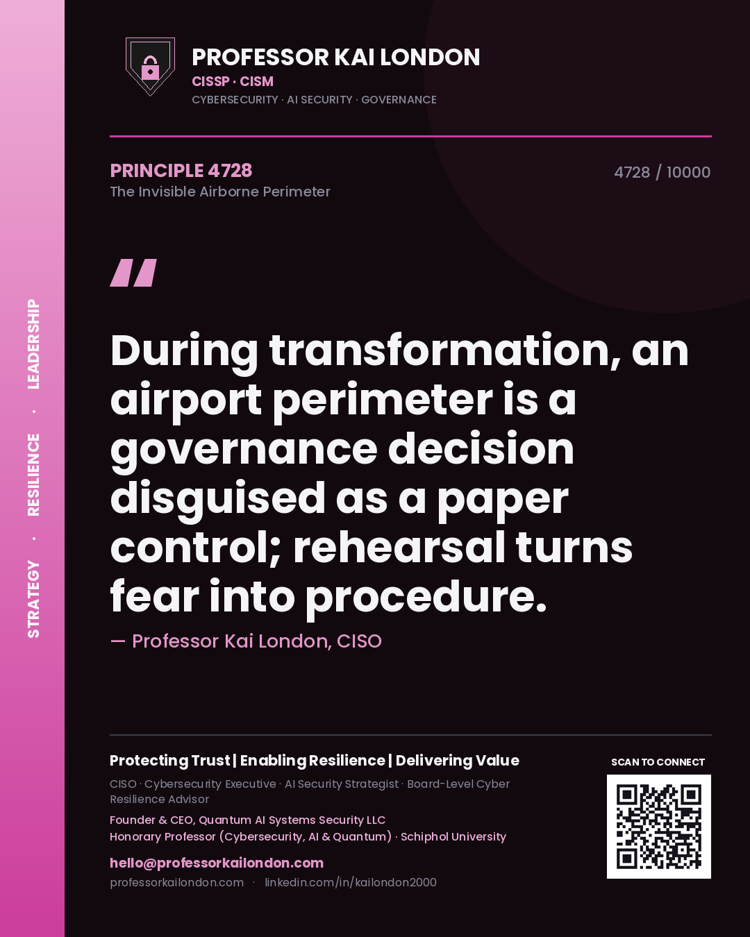 Quote card by Professor Kai London reading 'During transformation, an airport perimeter is a governance decision disguised as a paper control; rehearsal turns fear into procedure.'. From the book The Invisible Airborne Perimeter.