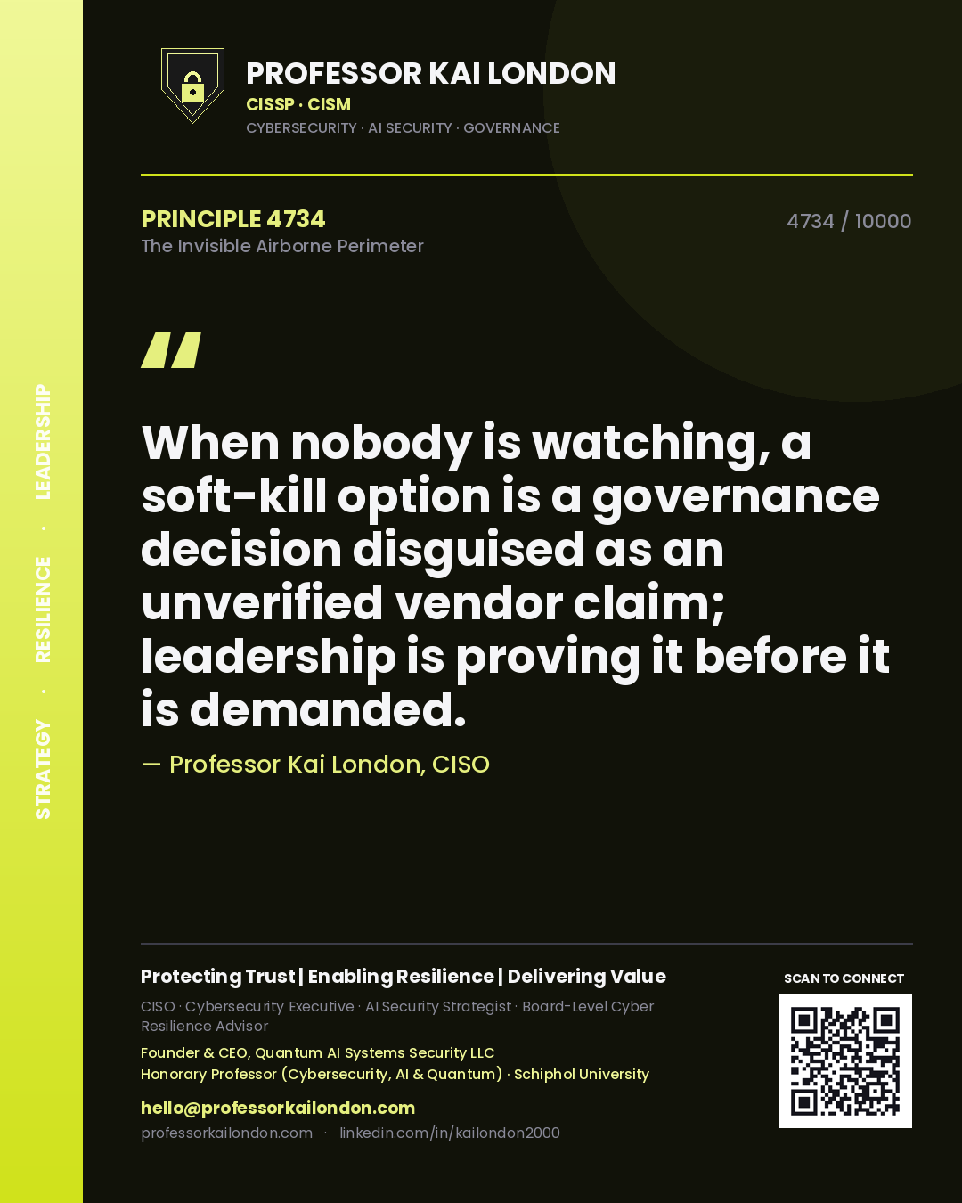 Quote card by Professor Kai London reading 'When nobody is watching, a soft-kill option is a governance decision disguised as an unverified vendor claim; leadership is proving it before it is demanded.'. From the book The Invisible Airborne Perimeter.