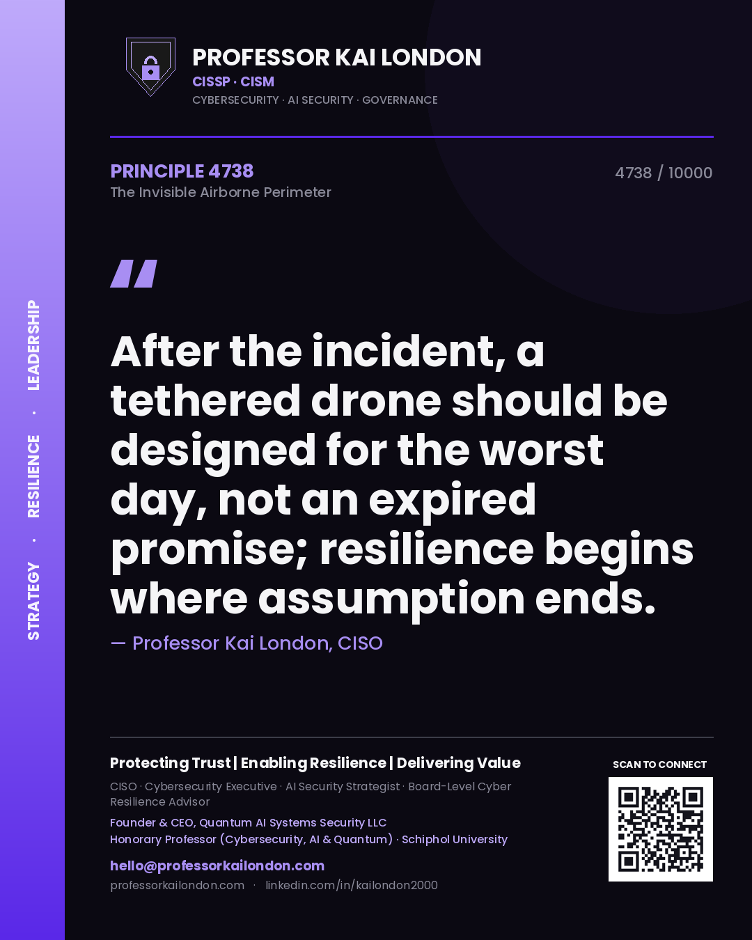 Quote card by Professor Kai London reading 'After the incident, a tethered drone should be designed for the worst day, not an expired promise; resilience begins where assumption ends.'. From the book The Invisible Airborne Perimeter.