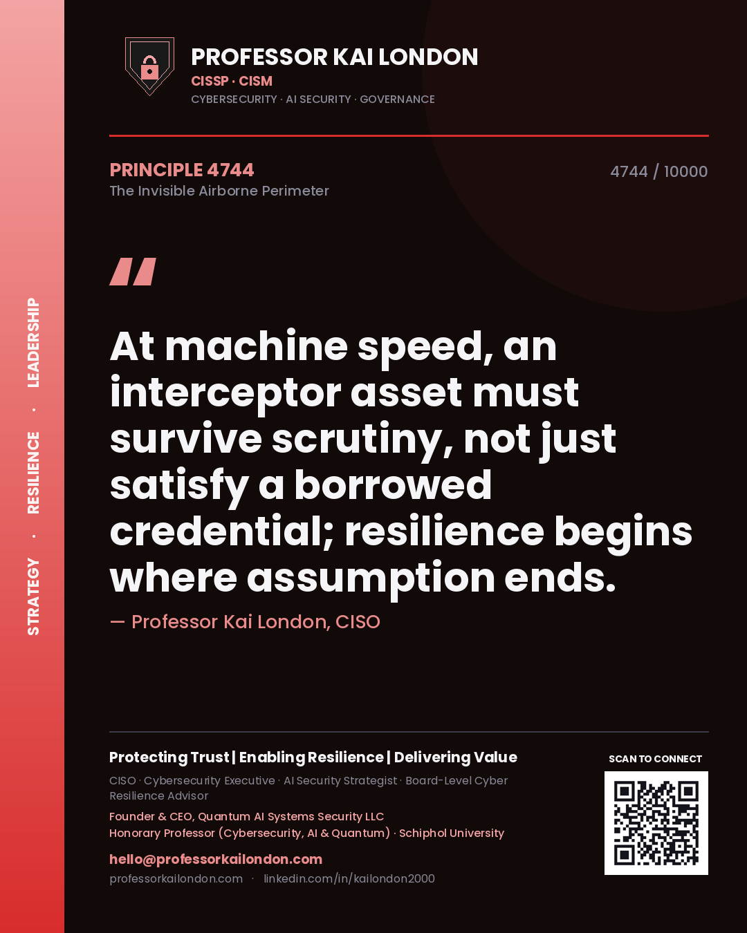 Quote card by Professor Kai London reading 'At machine speed, an interceptor asset must survive scrutiny, not just satisfy a borrowed credential; resilience begins where assumption ends.'. From the book The Invisible Airborne Perimeter.