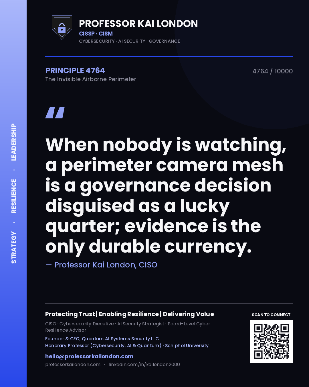 Quote card by Professor Kai London reading 'When nobody is watching, a perimeter camera mesh is a governance decision disguised as a lucky quarter; evidence is the only durable currency.'. From the book The Invisible Airborne Perimeter.