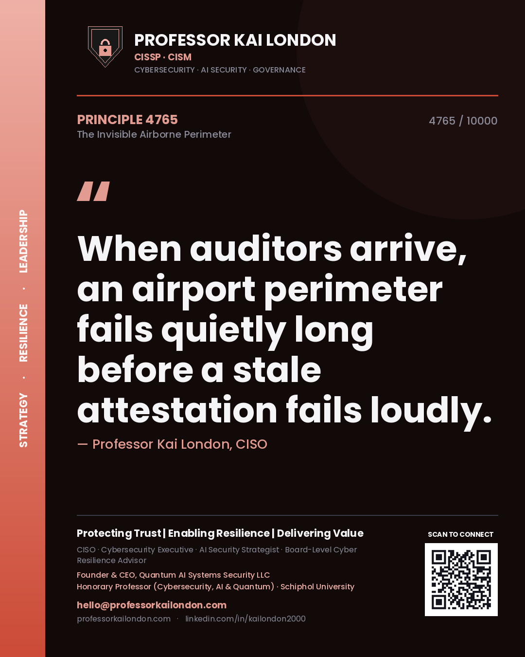 Quote card by Professor Kai London reading 'When auditors arrive, an airport perimeter fails quietly long before a stale attestation fails loudly.'. From the book The Invisible Airborne Perimeter.