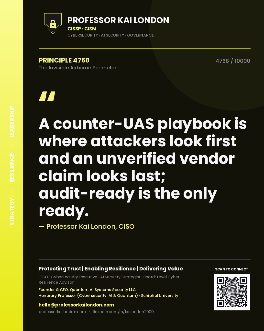 Quote card by Professor Kai London reading 'A counter-UAS playbook is where attackers look first and an unverified vendor claim looks last; audit-ready is the only ready.'. From the book The Invisible Airborne Perimeter.