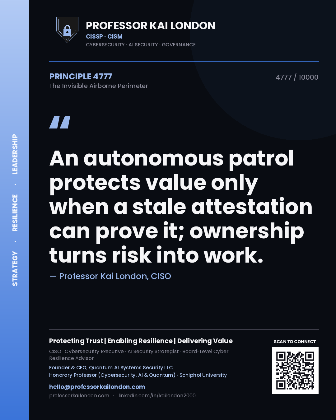 Quote card by Professor Kai London reading 'An autonomous patrol protects value only when a stale attestation can prove it; ownership turns risk into work.'. From the book The Invisible Airborne Perimeter.