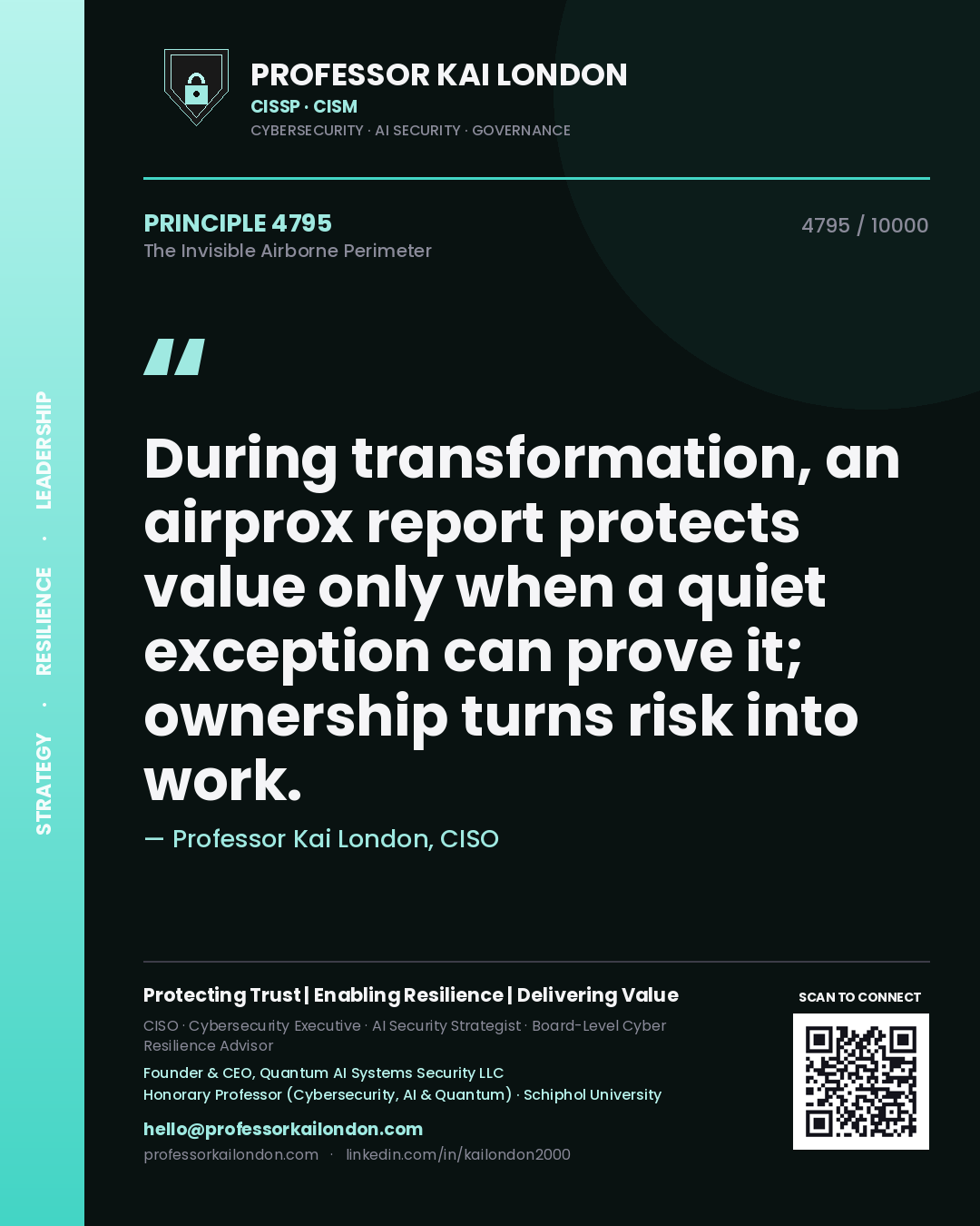 Quote card by Professor Kai London reading 'During transformation, an airprox report protects value only when a quiet exception can prove it; ownership turns risk into work.'. From the book The Invisible Airborne Perimeter.