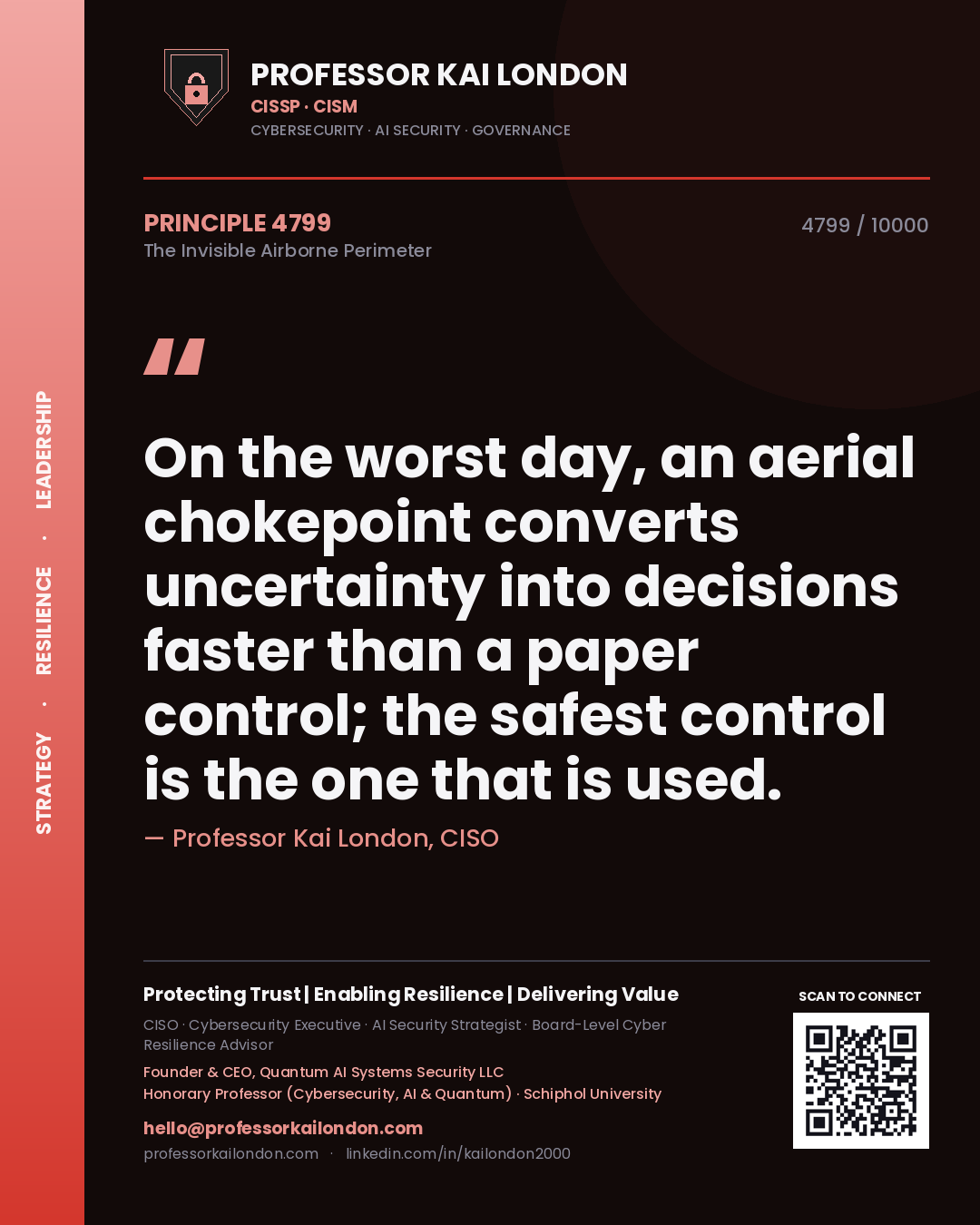 Quote card by Professor Kai London reading 'On the worst day, an aerial chokepoint converts uncertainty into decisions faster than a paper control; the safest control is the one that is used.'. From the book The Invisible Airborne Perimeter.