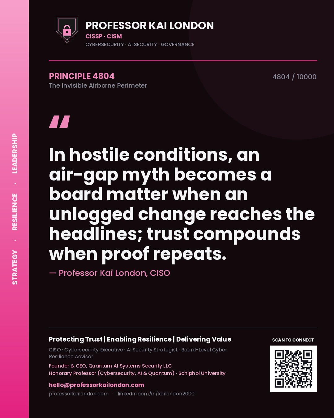 Professor Kai London principle 4804: In hostile conditions, an air-gap myth becomes a board matter when an unlogged change reaches the headlines; trust compounds when proof repeats.