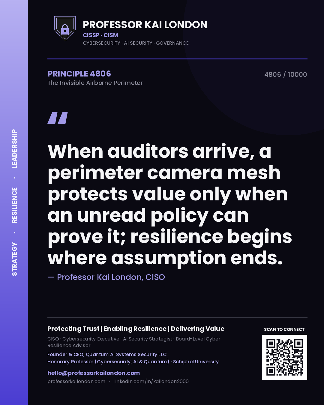 Professor Kai London principle 4806: When auditors arrive, a perimeter camera mesh protects value only when an unread policy can prove it; resilience begins where assumption ends.
