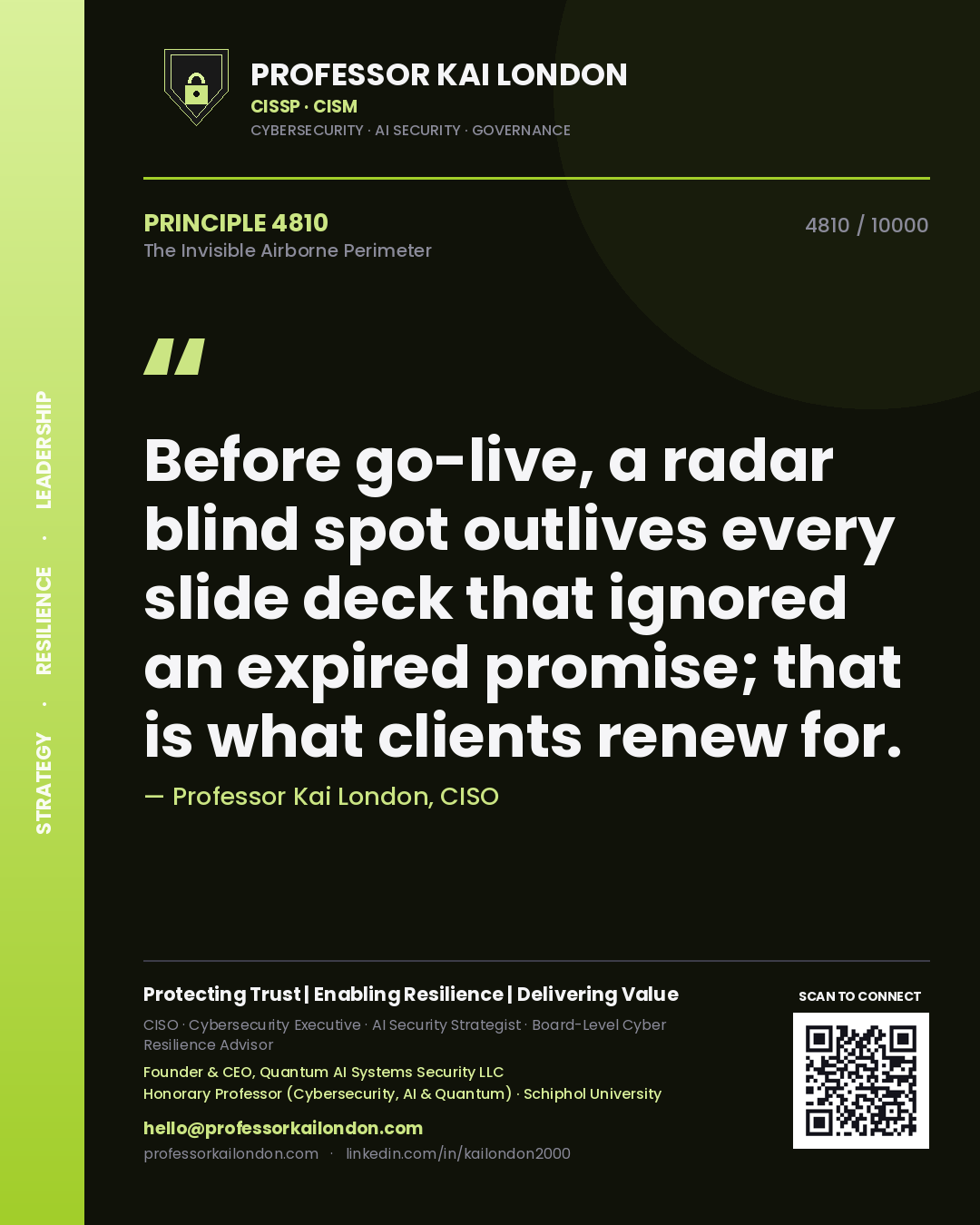 Quote card by Professor Kai London reading 'Before go-live, a radar blind spot outlives every slide deck that ignored an expired promise; that is what clients renew for.'. From the book The Invisible Airborne Perimeter.