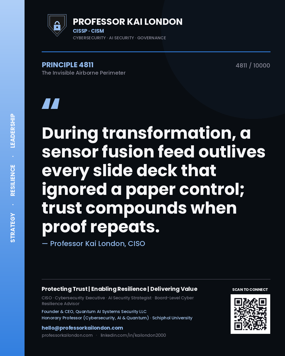 Quote card by Professor Kai London reading 'During transformation, a sensor fusion feed outlives every slide deck that ignored a paper control; trust compounds when proof repeats.'. From the book The Invisible Airborne Perimeter.