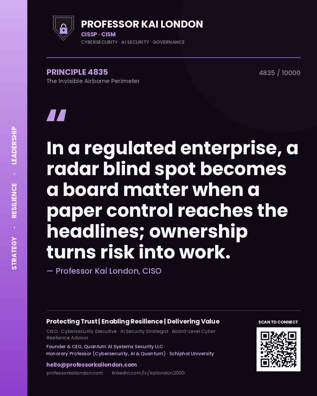 Professor Kai London principle 4835: In a regulated enterprise, a radar blind spot becomes a board matter when a paper control reaches the headlines; ownership turns risk into work.