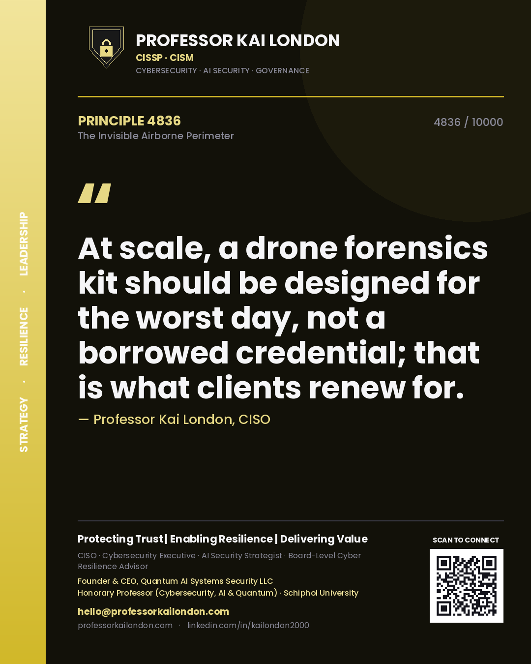 Quote card by Professor Kai London reading 'At scale, a drone forensics kit should be designed for the worst day, not a borrowed credential; that is what clients renew for.'. From the book The Invisible Airborne Perimeter.