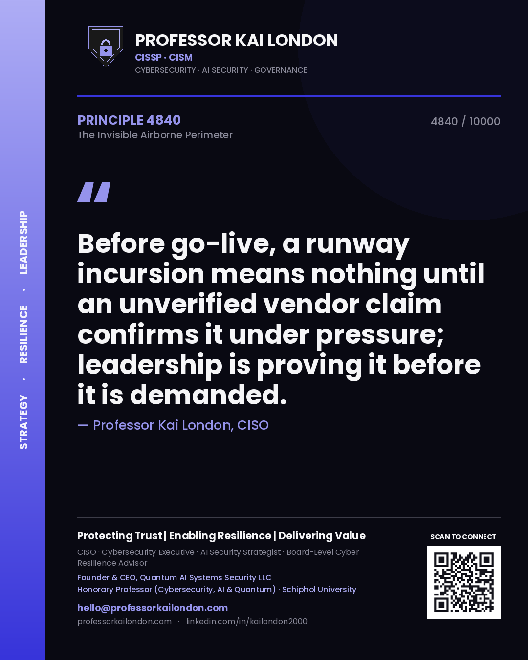 Quote card by Professor Kai London reading 'Before go-live, a runway incursion means nothing until an unverified vendor claim confirms it under pressure; leadership is proving it before it is demanded.'. From the book The Invisible Airborne Perimeter.