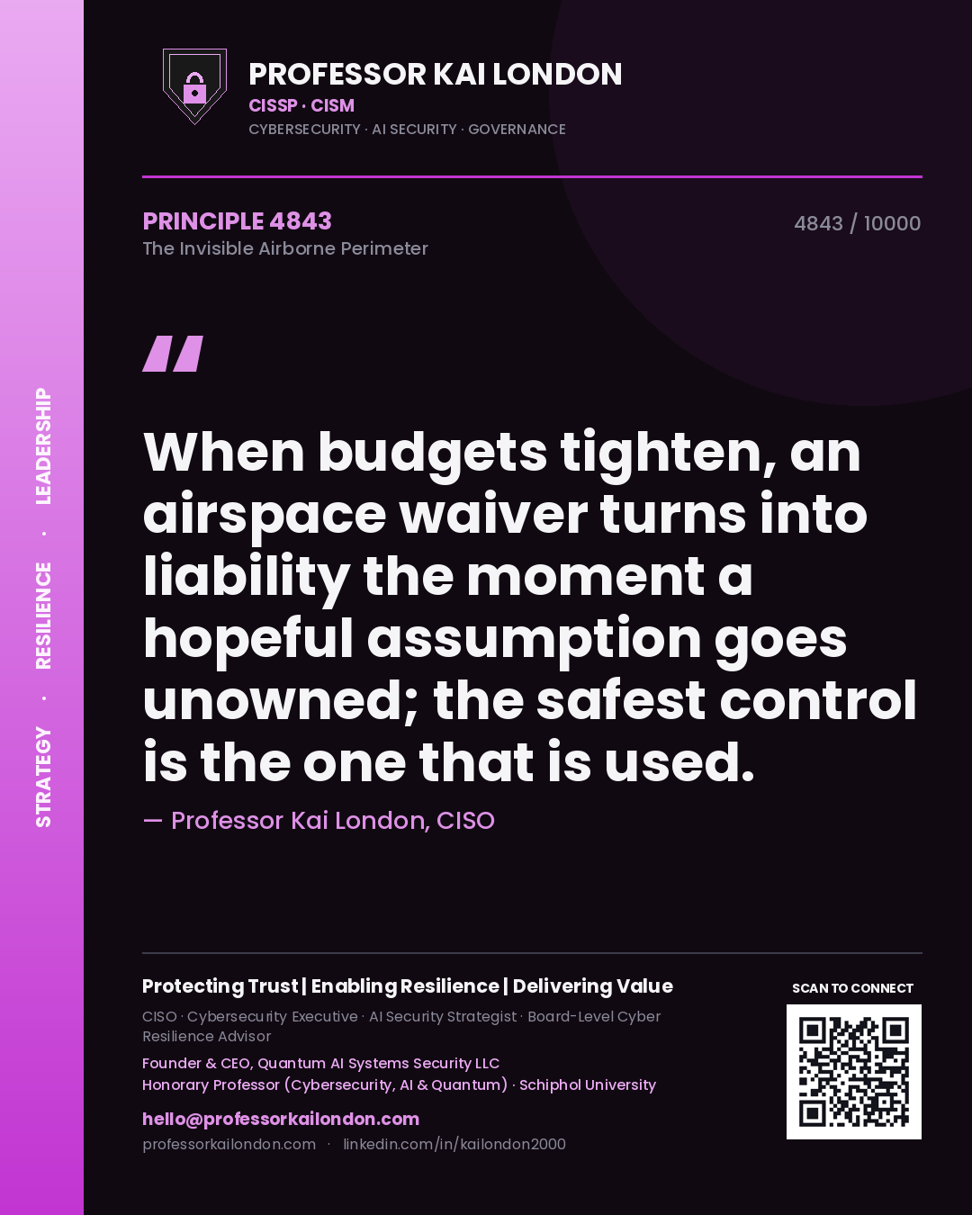 Quote card by Professor Kai London reading 'When budgets tighten, an airspace waiver turns into liability the moment a hopeful assumption goes unowned; the safest control is the one that is used.'. From the book The Invisible Airborne Perimeter.