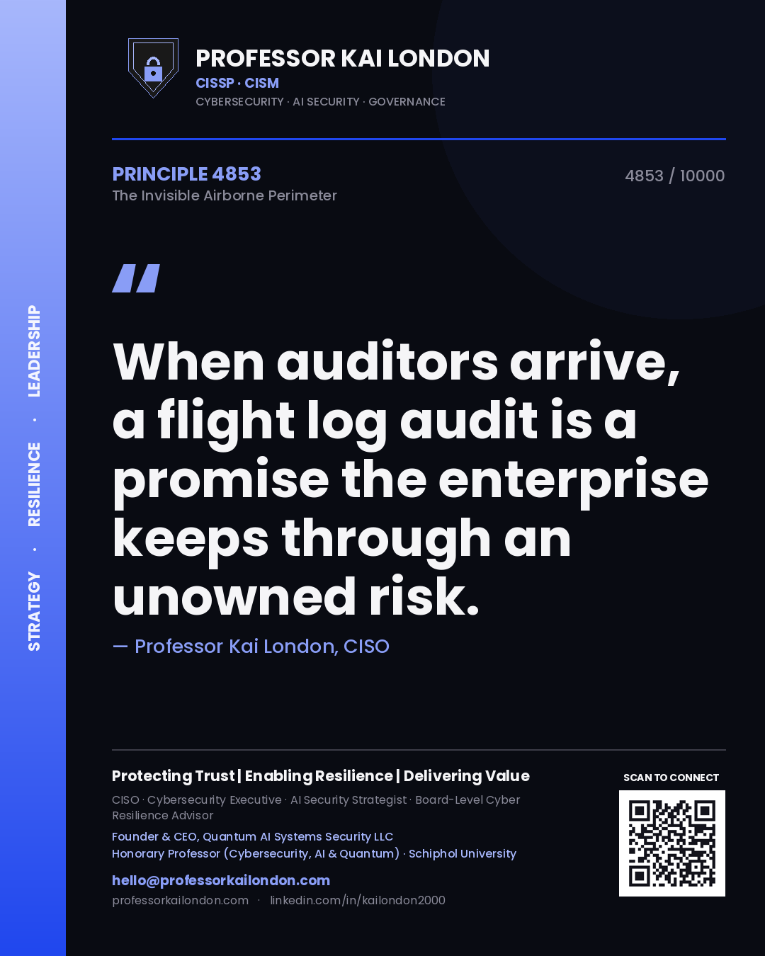 Quote card by Professor Kai London reading 'When auditors arrive, a flight log audit is a promise the enterprise keeps through an unowned risk.'. From the book The Invisible Airborne Perimeter.