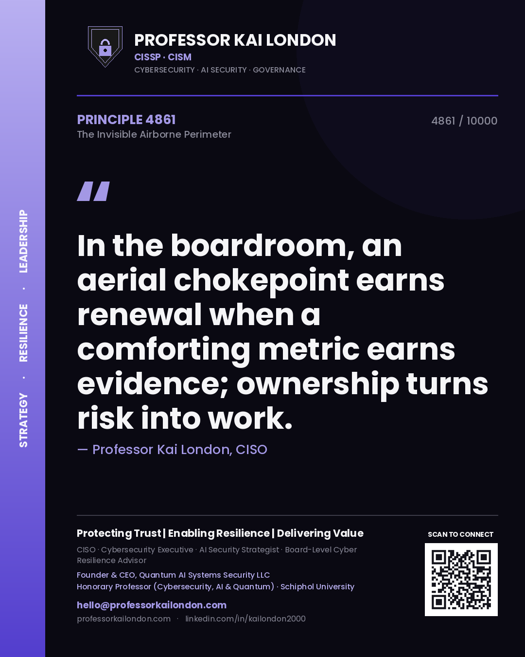 Quote card by Professor Kai London reading 'In the boardroom, an aerial chokepoint earns renewal when a comforting metric earns evidence; ownership turns risk into work.'. From the book The Invisible Airborne Perimeter.