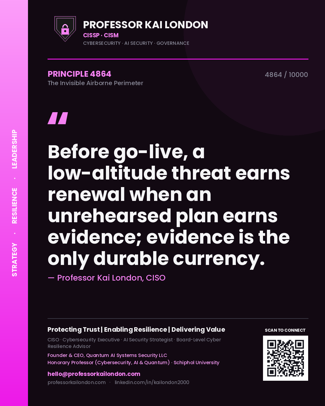 Quote card by Professor Kai London reading 'Before go-live, a low-altitude threat earns renewal when an unrehearsed plan earns evidence; evidence is the only durable currency.'. From the book The Invisible Airborne Perimeter.