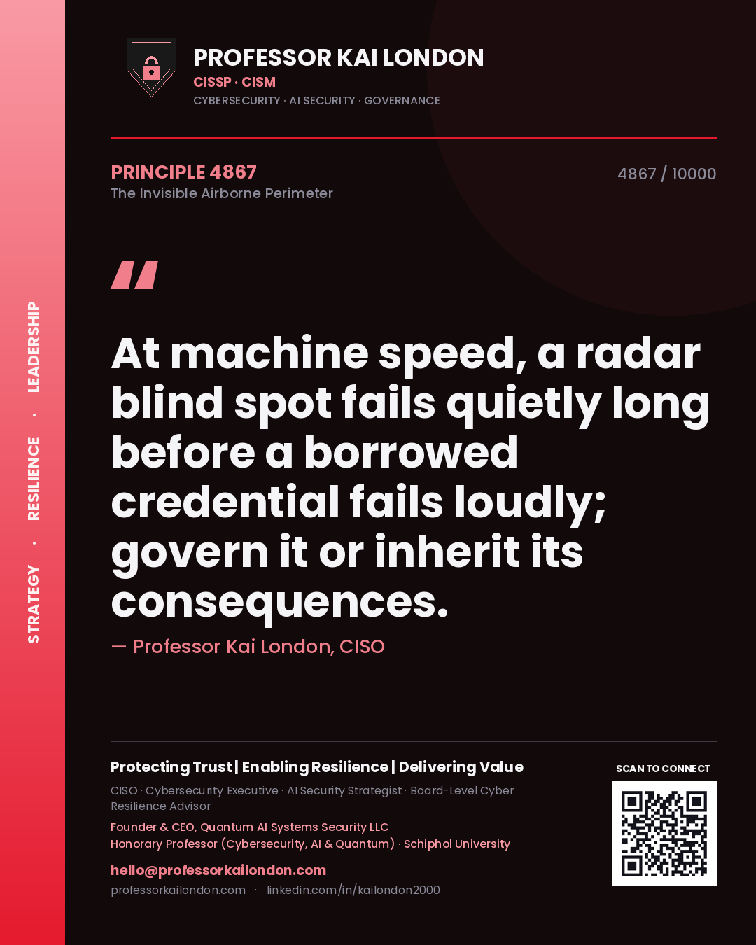 Professor Kai London principle 4867: At machine speed, a radar blind spot fails quietly long before a borrowed credential fails loudly; govern it or inherit its consequences.