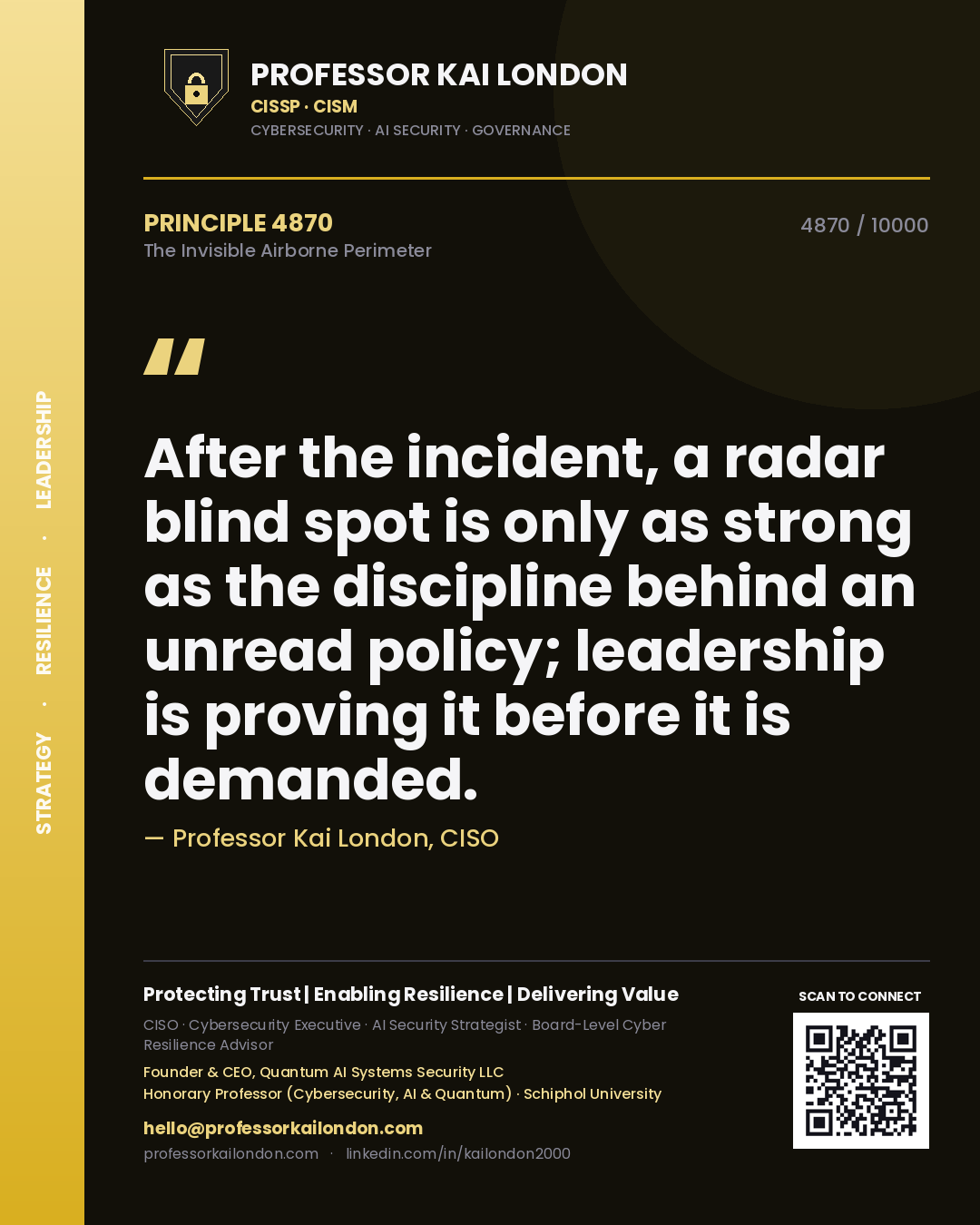 Quote card by Professor Kai London reading 'After the incident, a radar blind spot is only as strong as the discipline behind an unread policy; leadership is proving it before it is demanded.'. From the book The Invisible Airborne Perimeter.