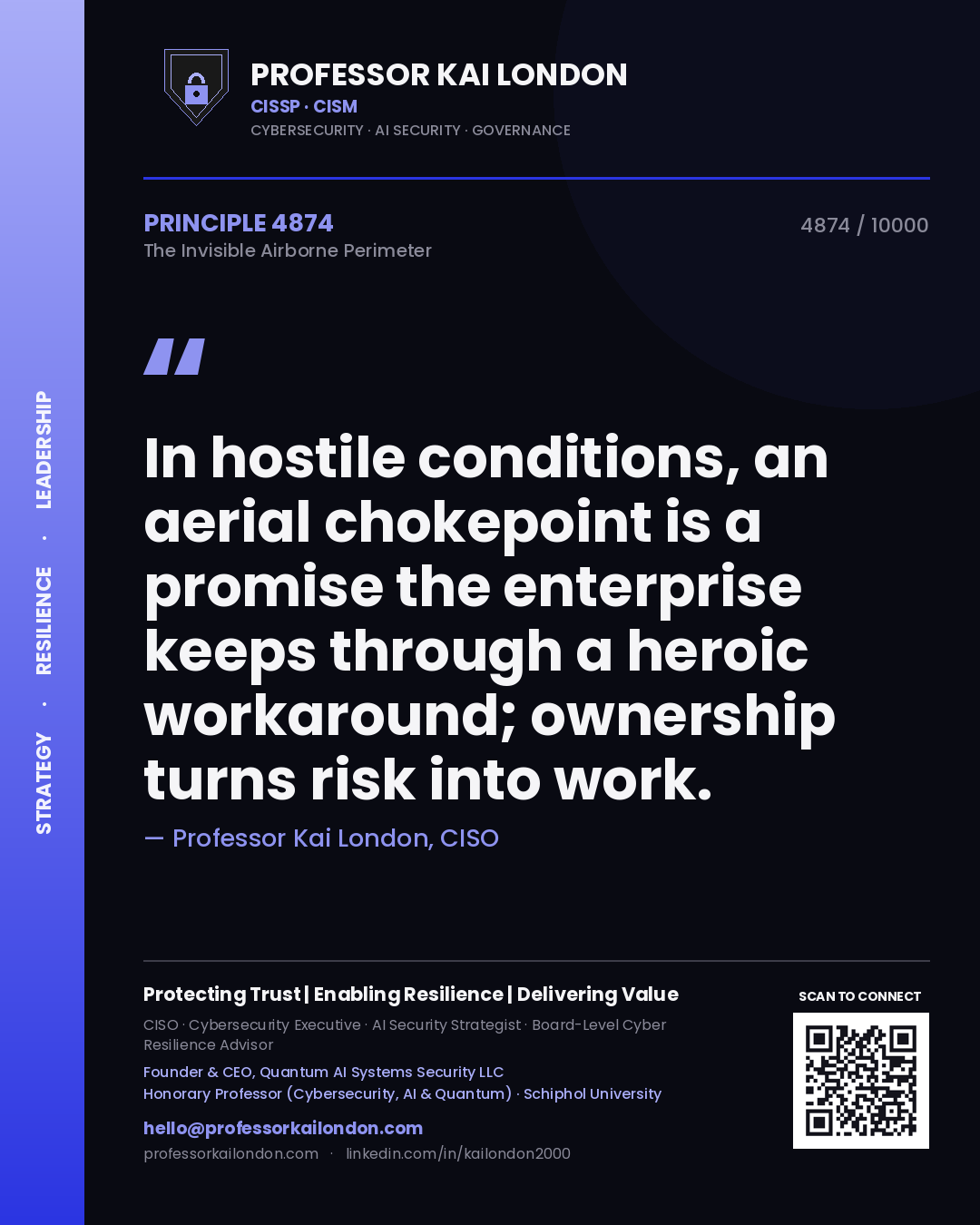 Quote card by Professor Kai London reading 'In hostile conditions, an aerial chokepoint is a promise the enterprise keeps through a heroic workaround; ownership turns risk into work.'. From the book The Invisible Airborne Perimeter.