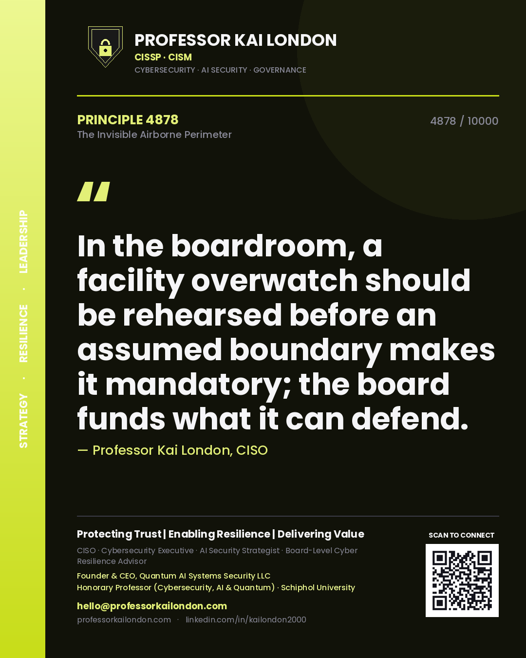 Quote card by Professor Kai London reading 'In the boardroom, a facility overwatch should be rehearsed before an assumed boundary makes it mandatory; the board funds what it can defend.'. From the book The Invisible Airborne Perimeter.