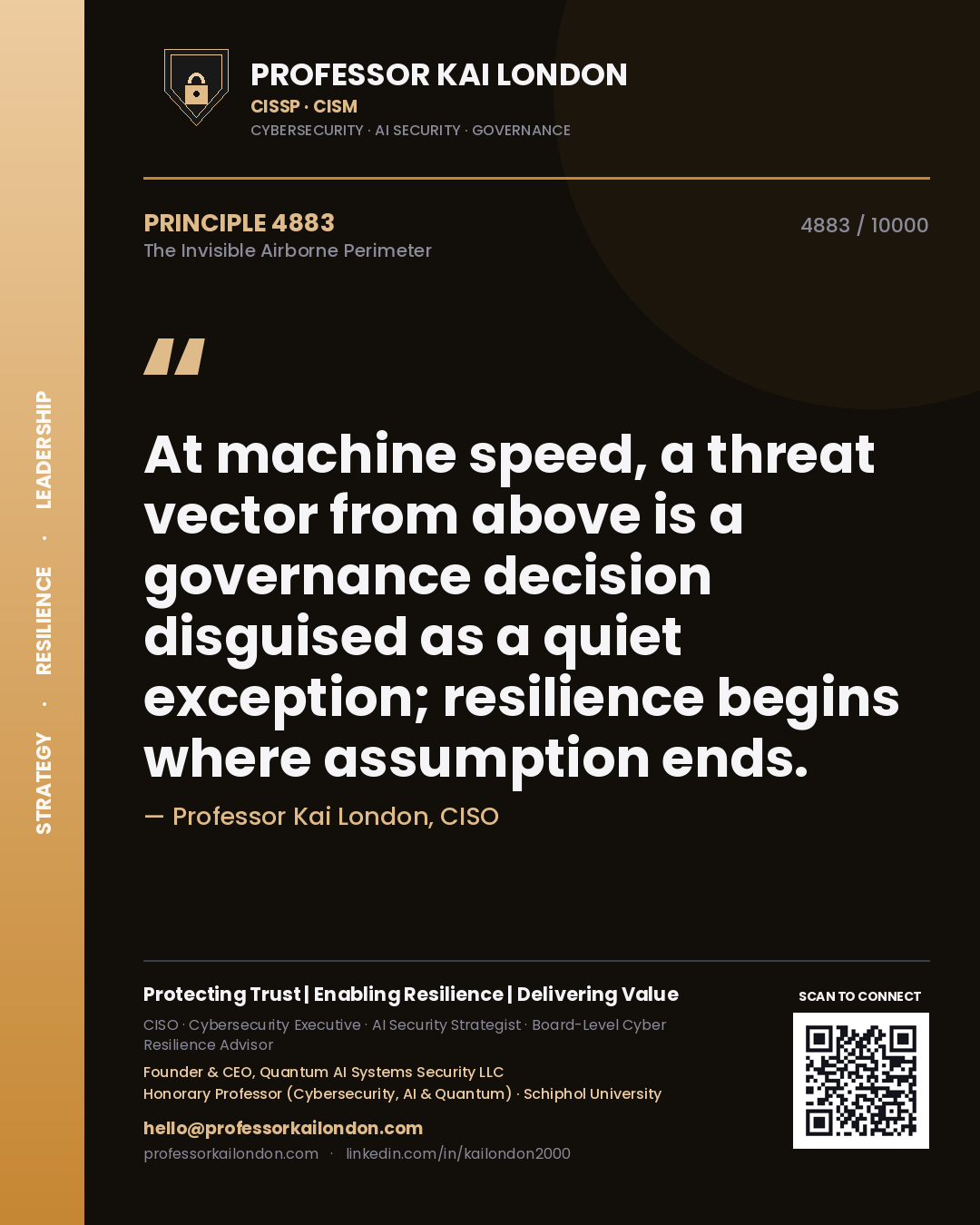 Quote card by Professor Kai London reading 'At machine speed, a threat vector from above is a governance decision disguised as a quiet exception; resilience begins where assumption ends.'. From the book The Invisible Airborne Perimeter.