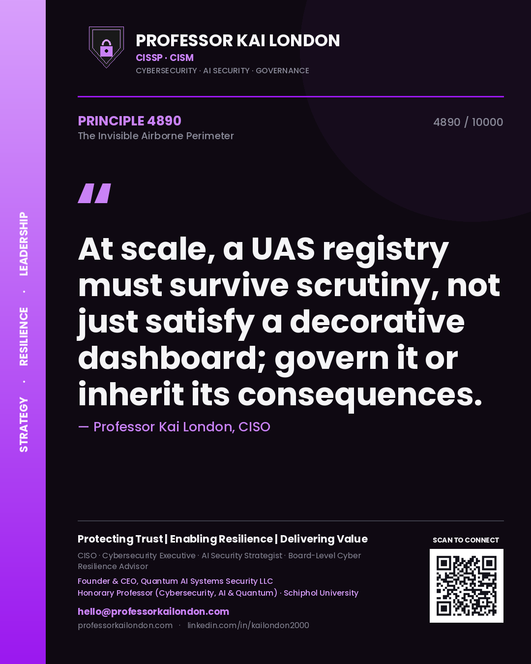 Quote card by Professor Kai London reading 'At scale, a UAS registry must survive scrutiny, not just satisfy a decorative dashboard; govern it or inherit its consequences.'. From the book The Invisible Airborne Perimeter.