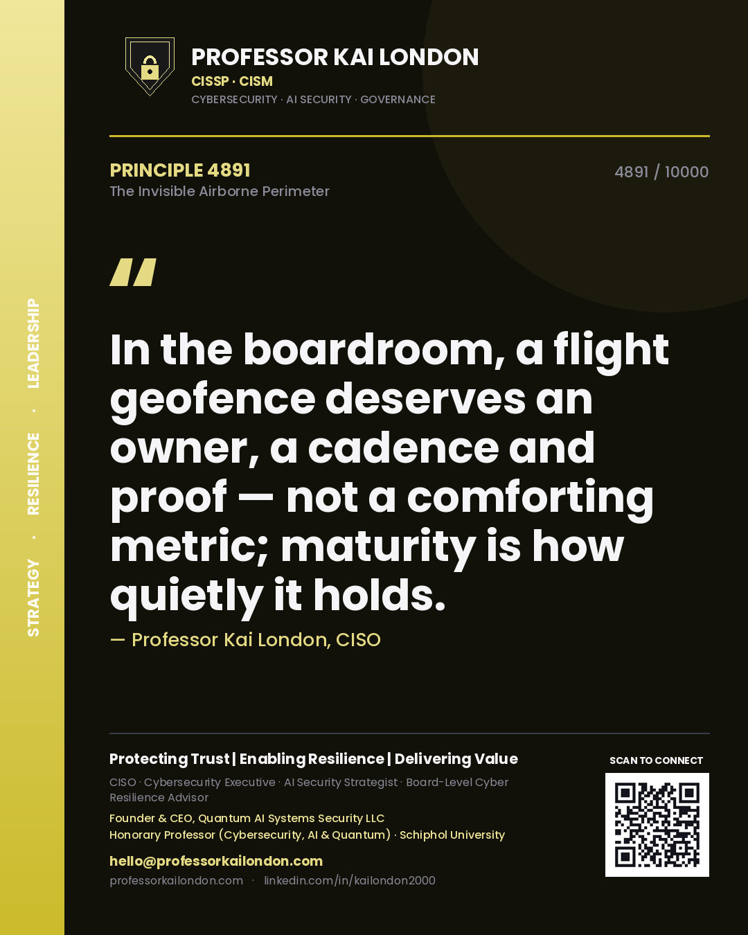 Professor Kai London principle 4891: In the boardroom, a flight geofence deserves an owner, a cadence and proof — not a comforting metric; maturity is how quietly it holds.