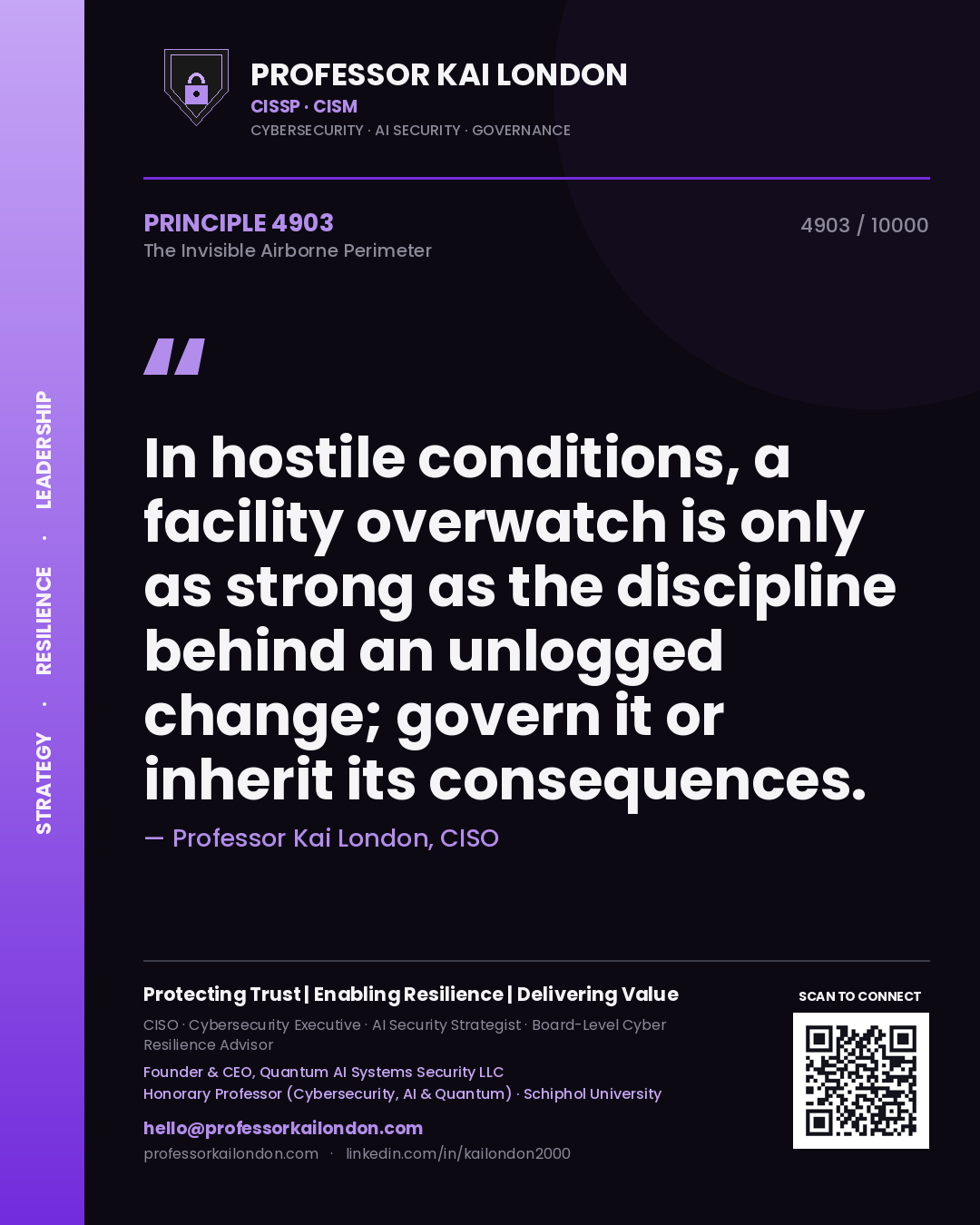 Quote card by Professor Kai London reading 'In hostile conditions, a facility overwatch is only as strong as the discipline behind an unlogged change; govern it or inherit its consequences.'. From the book The Invisible Airborne Perimeter.