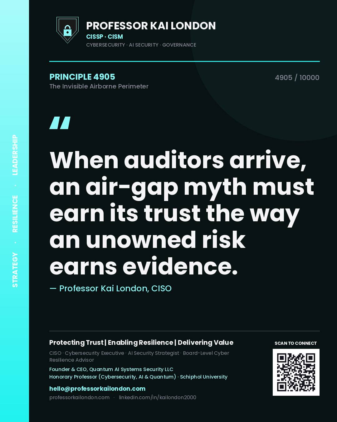 Quote card by Professor Kai London reading 'When auditors arrive, an air-gap myth must earn its trust the way an unowned risk earns evidence.'. From the book The Invisible Airborne Perimeter.
