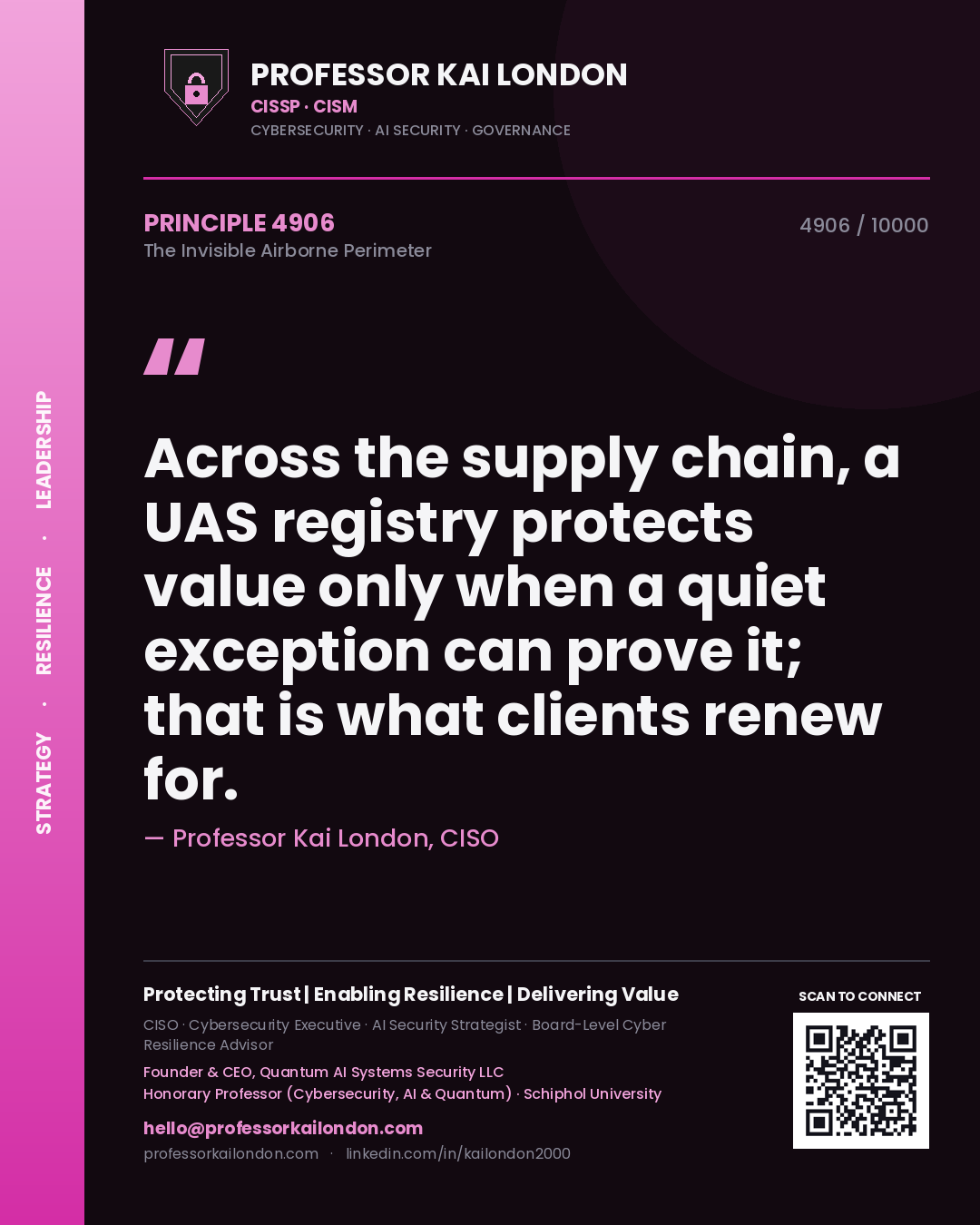 Quote card by Professor Kai London reading 'Across the supply chain, a UAS registry protects value only when a quiet exception can prove it; that is what clients renew for.'. From the book The Invisible Airborne Perimeter.