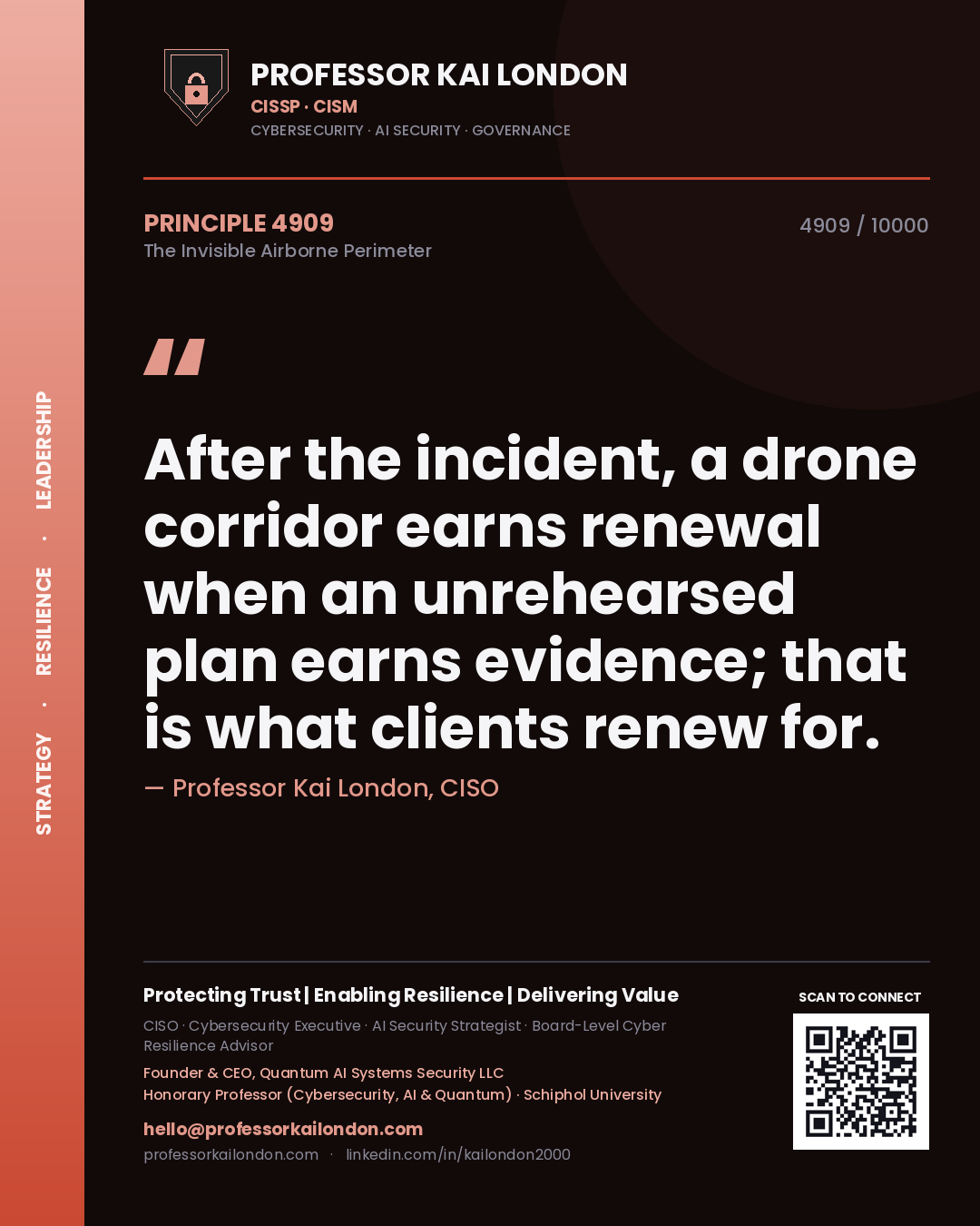 Quote card by Professor Kai London reading 'After the incident, a drone corridor earns renewal when an unrehearsed plan earns evidence; that is what clients renew for.'. From the book The Invisible Airborne Perimeter.