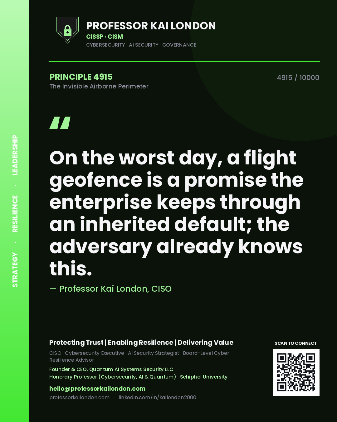 Quote card by Professor Kai London reading 'On the worst day, a flight geofence is a promise the enterprise keeps through an inherited default; the adversary already knows this.'. From the book The Invisible Airborne Perimeter.