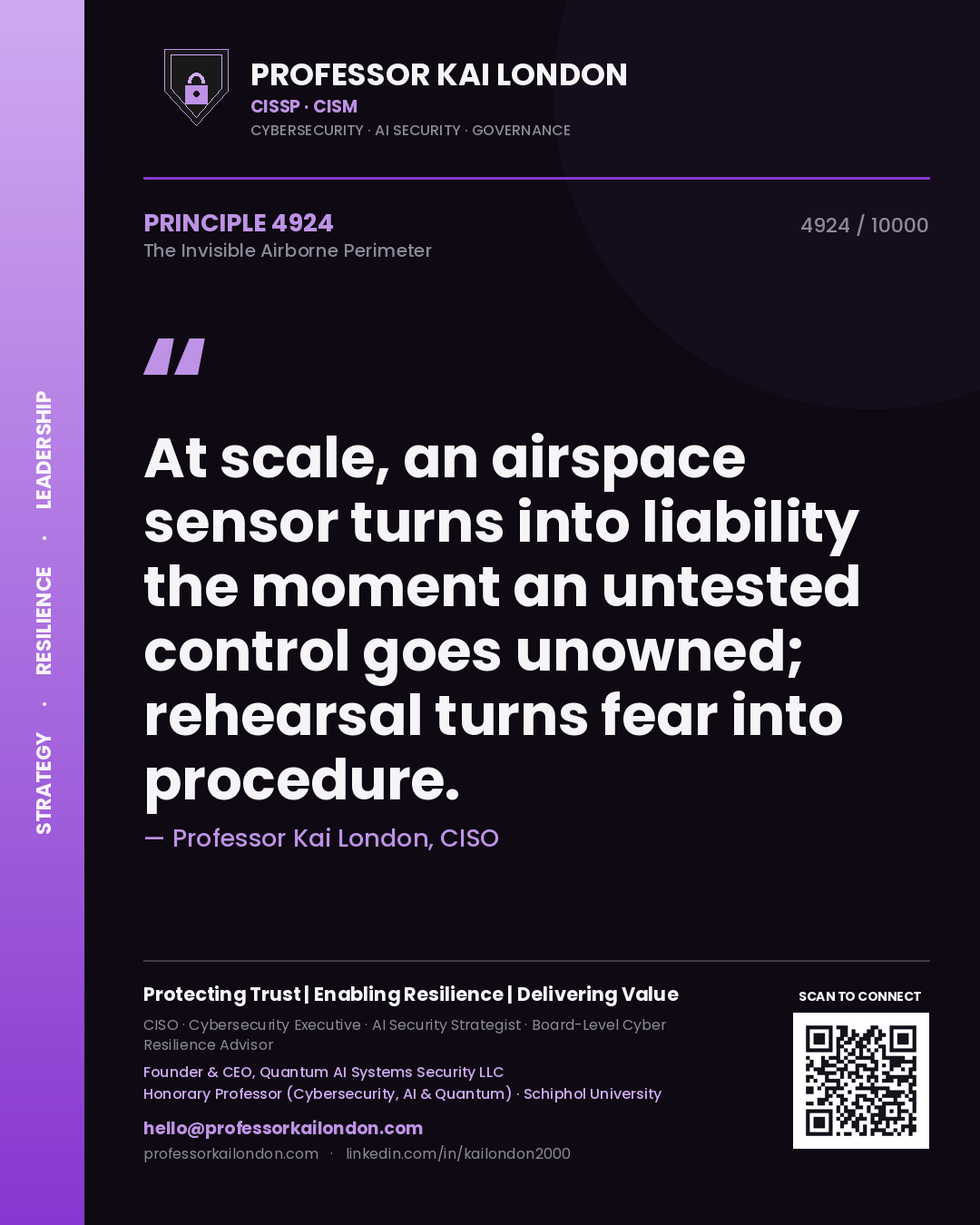 Quote card by Professor Kai London reading 'At scale, an airspace sensor turns into liability the moment an untested control goes unowned; rehearsal turns fear into procedure.'. From the book The Invisible Airborne Perimeter.