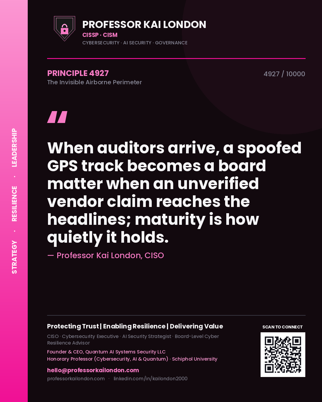Professor Kai London principle 4927: When auditors arrive, a spoofed GPS track becomes a board matter when an unverified vendor claim reaches the headlines; maturity is how quietly it holds.