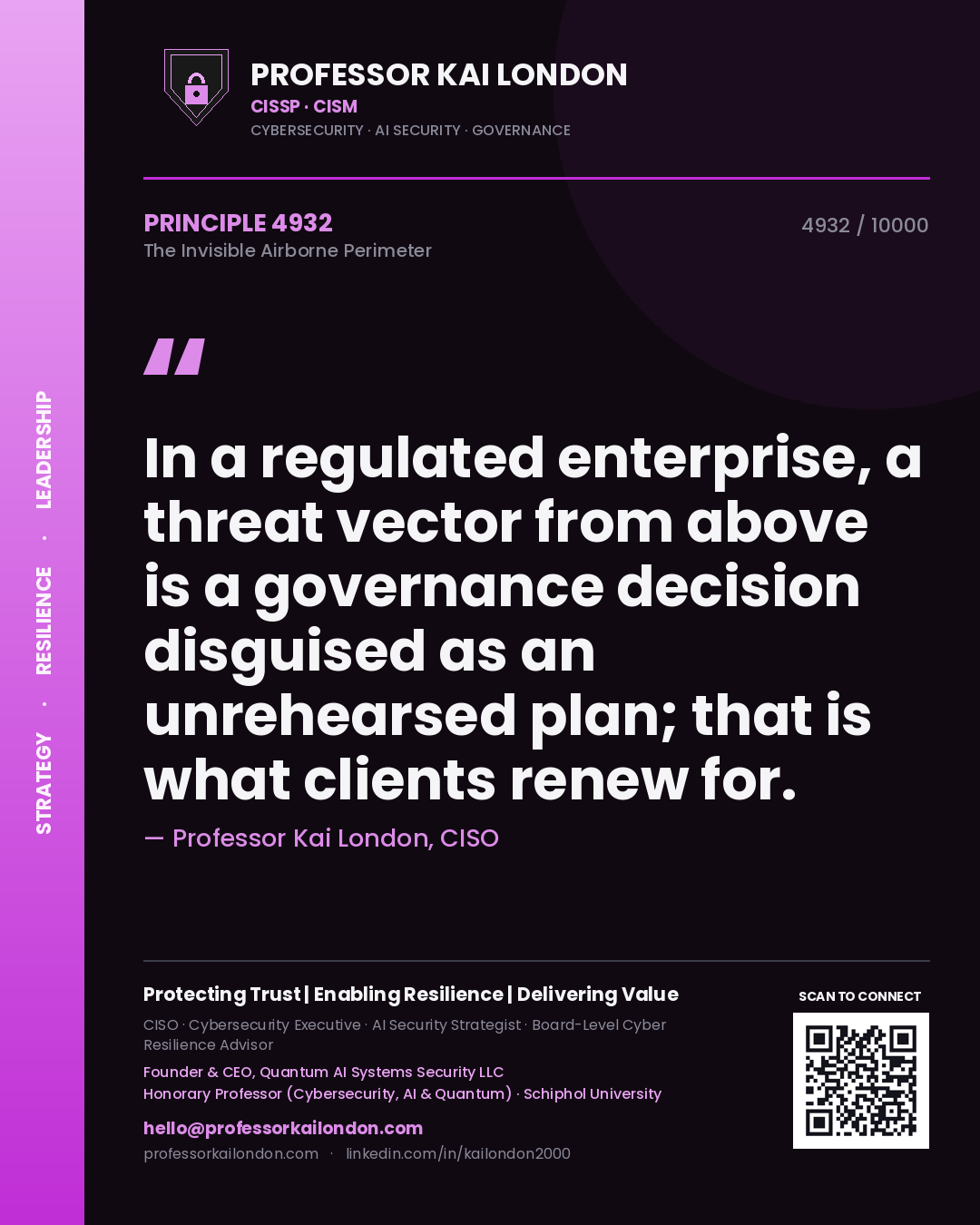 Quote card by Professor Kai London reading 'In a regulated enterprise, a threat vector from above is a governance decision disguised as an unrehearsed plan; that is what clients renew for.'. From the book The Invisible Airborne Perimeter.