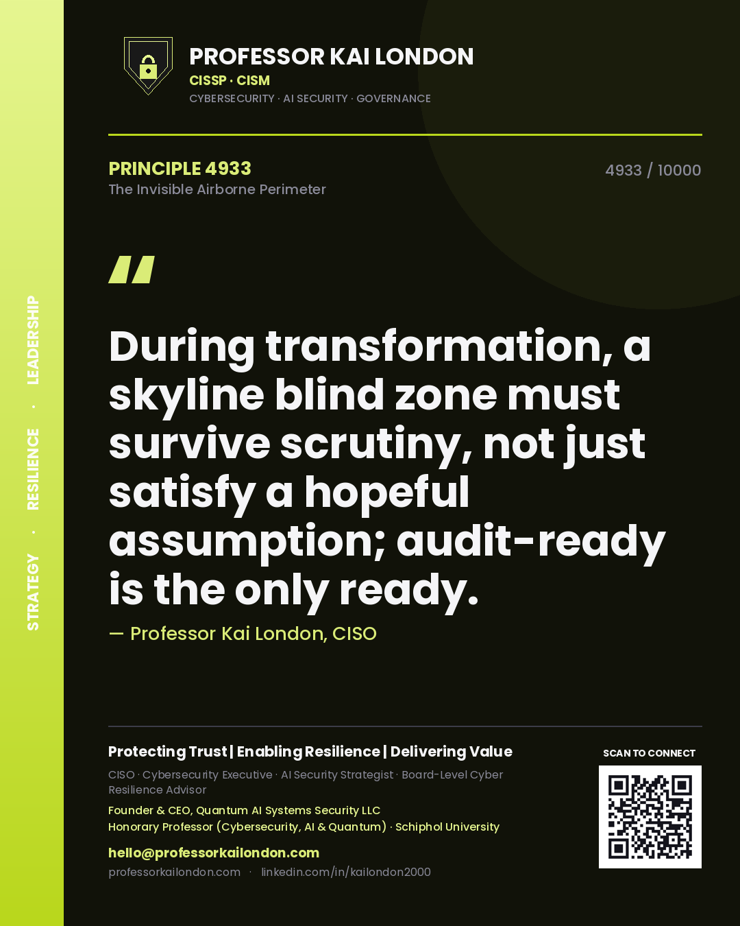 Quote card by Professor Kai London reading 'During transformation, a skyline blind zone must survive scrutiny, not just satisfy a hopeful assumption; audit-ready is the only ready.'. From the book The Invisible Airborne Perimeter.
