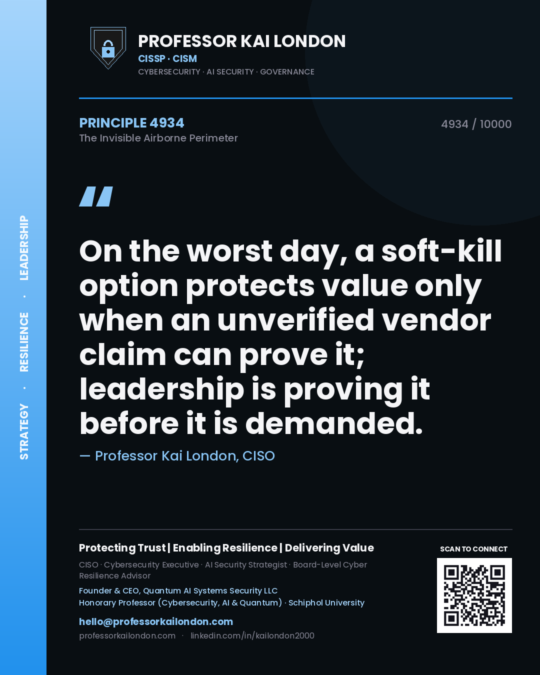 Quote card by Professor Kai London reading 'On the worst day, a soft-kill option protects value only when an unverified vendor claim can prove it; leadership is proving it before it is demanded.'. From the book The Invisible Airborne Perimeter.