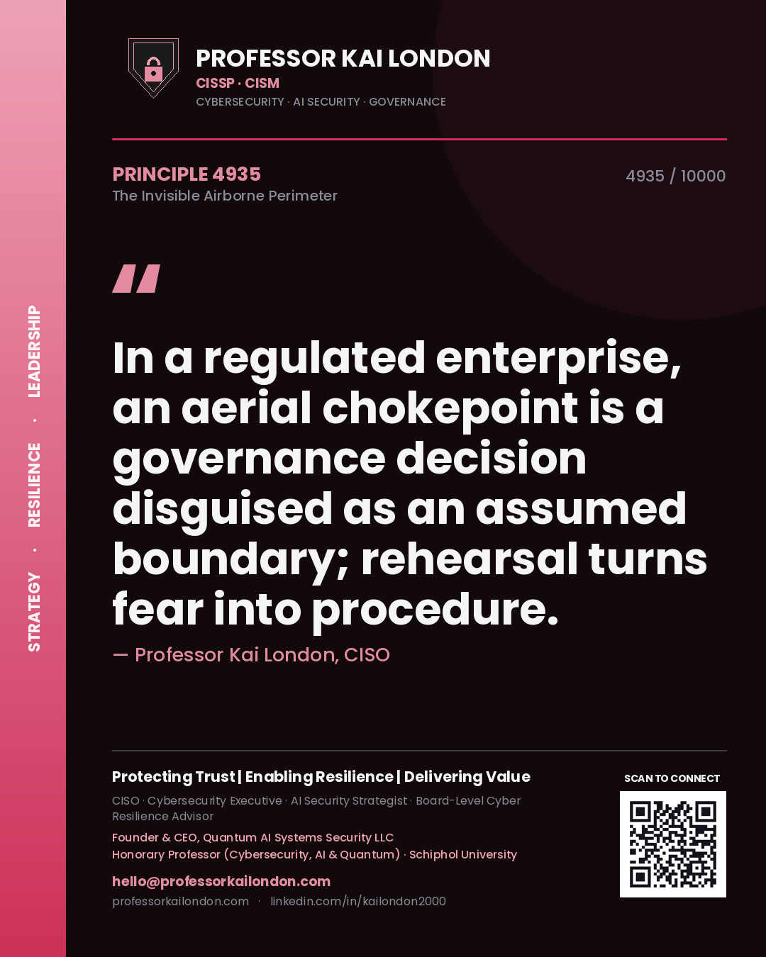 Quote card by Professor Kai London reading 'In a regulated enterprise, an aerial chokepoint is a governance decision disguised as an assumed boundary; rehearsal turns fear into procedure.'. From the book The Invisible Airborne Perimeter.
